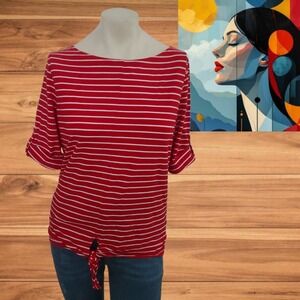 Jones New York Sport Top Women's Small Red White Striped‎ Casual Shirt